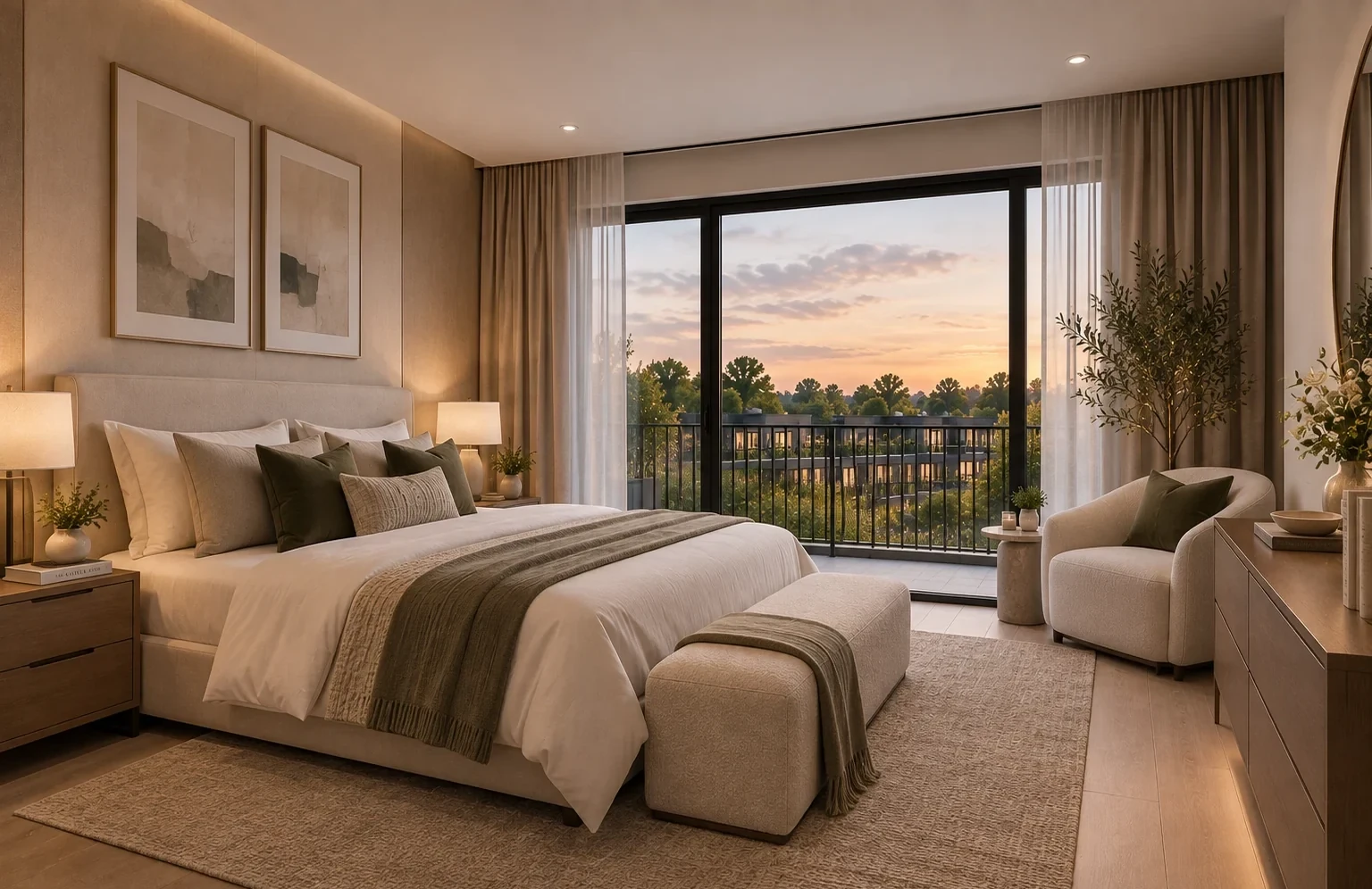 Conceptual primary bedroom rendering for Casabella Towns